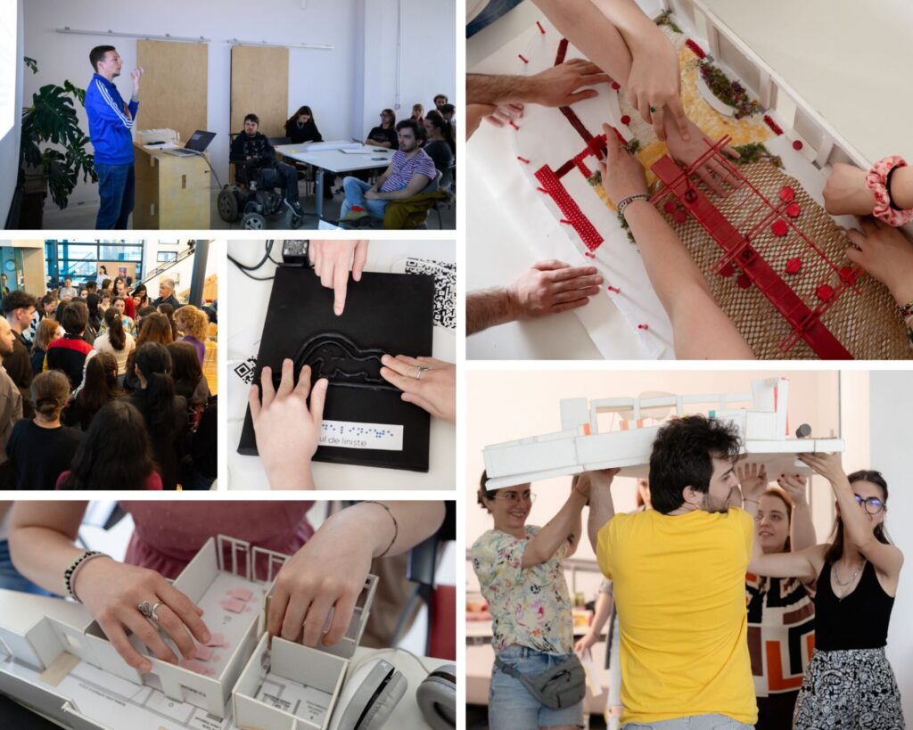 Colaj din 6 fotografii. În prima, Andrei Mihail, antropolog, prezintă studenților o prezentare pe videoproiector. În alta, mai multe mâini analizează o machetă cu grădina La Firul Ierbii, care are o masa roșie mare în mijloc. În a treia, mulți oameni adunați la un exercițiu de empatie. A patra, un panou în relief pe care scrie “colț de liniște”. În a cincea, mâinile unei tinere care analizează de asemenea o machetă. În ultima, trei studenți și Ana Costache, membră a echipei AMAIS, cară o machetă cu mâinile ridicate deasupra capului.