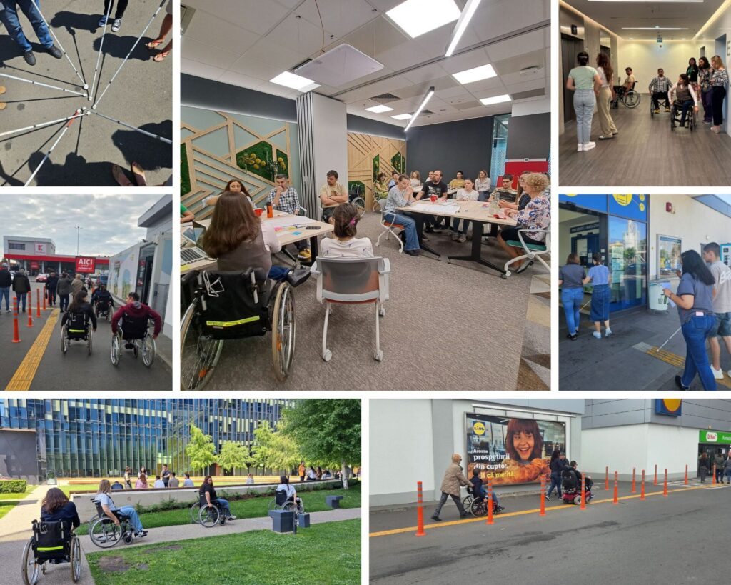 Collage of seven photographs from the empathy workshops. In one image, several white canes are arranged on the asphalt in a circle, with their tips meeting in the center. Another photograph shows people with and without disabilities—AMAIS team members, invited guests, and employees of the host company—seated at tables and engaged in discussion. In three other images, employees are seated in wheelchairs and moving through the parking lot and the company courtyard, guided by a guest who is also a wheelchair user. Another photograph shows two employees guiding, arm in arm, two people with visual impairments. In the final image, several people with and without disabilities are waiting for the elevator in the company hallway.