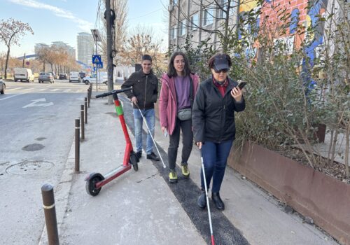 Ana Costache și Alex Matei au ieșit pe traseu cu Roxana, participantă la ședințele de mobilitate. Ei merg pe trotuar și încearcă să urmărească un reper din asfalt. Într-o parte a trotuarului, o trotinetă.