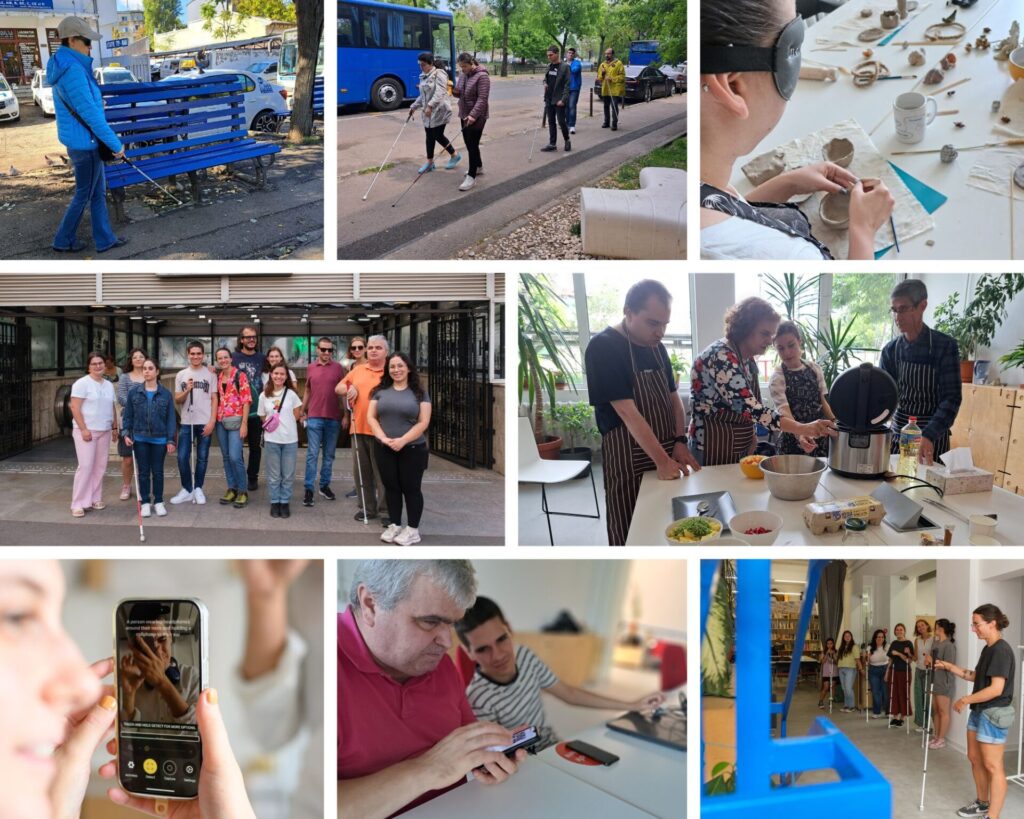 collage with 8 photos. In the first, a lady walks with a white cane on the sidewalk, next to a bench. In the next one, some young people walk on the sidewalk with a white cane. In the next, a young woman is blindfolded and shapes a clay figure. Next is a group photo with the participants of the training of trainers, members of the amais team, guests, in the following, participants with and without visual impairments cook soup in a crockpot, in the next, there is a phone screen with the Be My Eyes app open, in the next Alex Matei teaches a participant to use the screen reader, in the last, the participants of the training of trainers and Ana Costache, mobility trainer, with white canes.