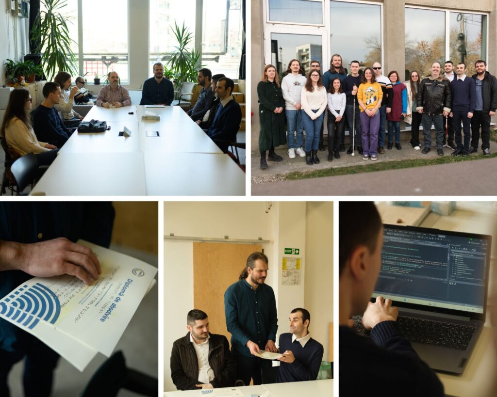 Colaj cu 5 fotografii, două sus, trei jos, de la stânga la dreapta: absolvenții cursului CMU Tech și mentorii discută în jurul unei mese lungi. Fotografie de grup cu absolvenții, mentorii, membrii echipei AMAIS în grădina de La Firul Ierbii, toți zâmbesc. Fotografie cu mâna unui bărbat care citește tactil textul de pe diploma embosată în Braille. Alex cucu, programator, stă în picioare între doi absolvenți care stau pe scaun și dă diplomă unuia dintre ei. Unul dintre absolvenți scrie pe laptop un cod.
