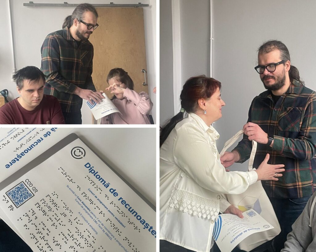 Colaj cu 3 fotografii. În prima, Alex Cucu, programator, îi înmânează lui Carmen, absolventă, diploma și premiul. Lângă ei, programatorul Ștefan Moisei. În a doua, Fotografie cu două diplome scrise în alb-negru și în Braille ale mentorilor din cadrul cursului. Au aniversat 7 ani de mentorat și CMU Tech. În a treia, Alex Cucu, programator, îi înmânează Cristinei, absolventă, diploma și premiul